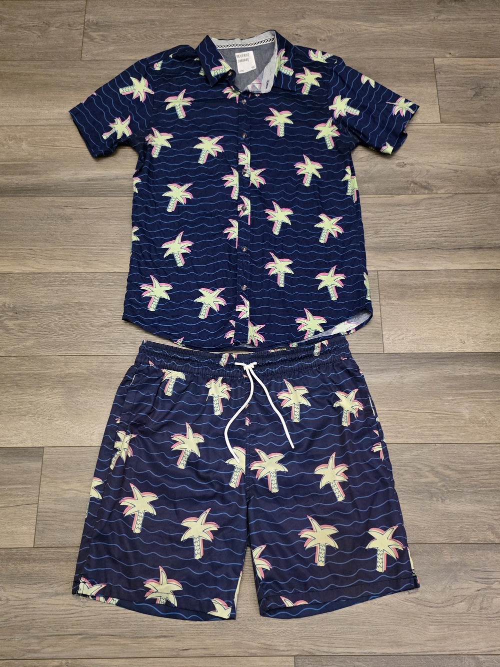Men's Navy Palm-Print Swim Trunks - Casual Beach Shirt And  Shorts